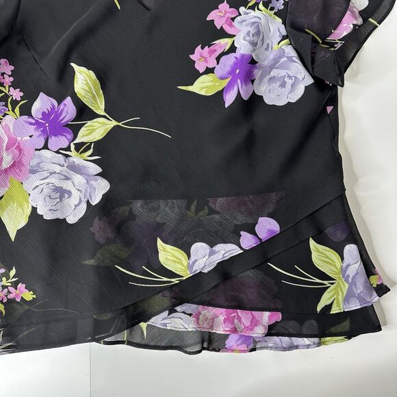 Studio 1 Chiffon Top Sz 14 Black Floral Flutter Sleeve Ruffle Dark Romantic 90s - Picture 6 of 13